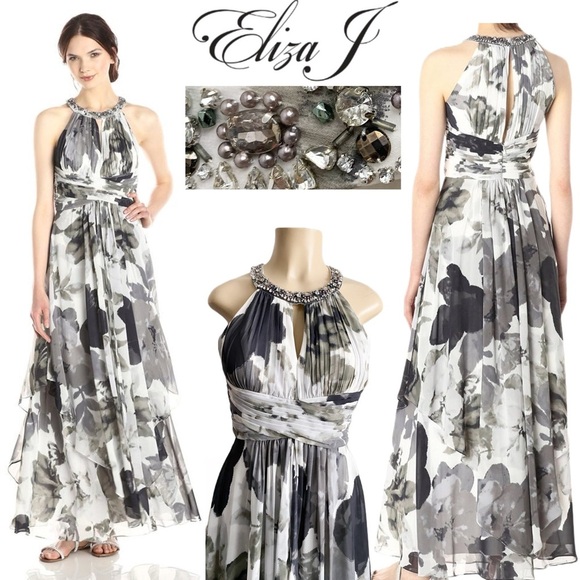 Eliza J Gray Floral Halter Maxi Dress Beaded Empire Formal Gown Event Wedding 2 - Picture 1 of 14
